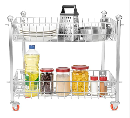 AB99 COLLECTION 2-Tier Stainless Steel Kitchen Storage Rack with Wheels, Rolling Utility Trolley for Pantry, Spice Rack, Jars & Utensils, Heavy Duty Organizer for Home & Kitchen