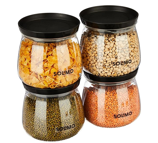 Amazon Solimo Plastic Storage Jar and Container Set I Air Tight & BPA Free Containers for Kitchen Storage Set I Grocery Kitchen Container Set I Multipurpose Jar | 800 Ml Each | Set 4 | Black